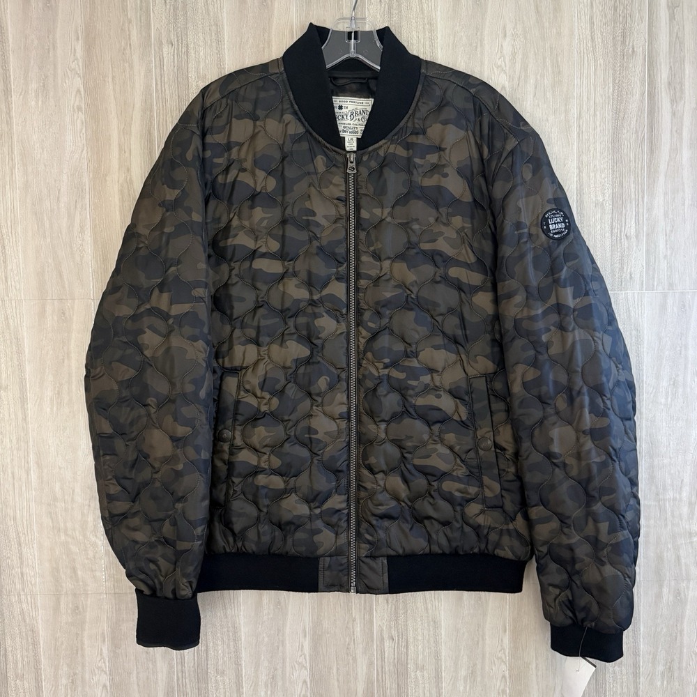 Lucky Brand Quilted Bomber Jacket Mens L Camo Insulated Full Zip Military Casual